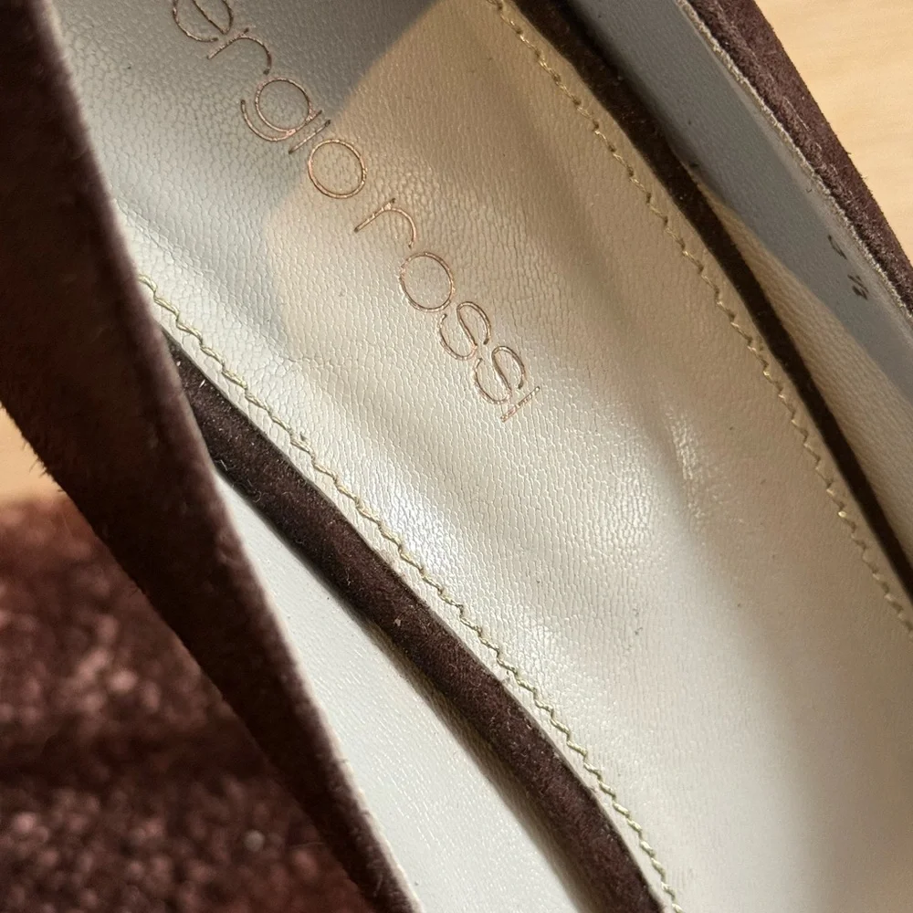 $845 SERGIO ROSSI Dark Chocolate Brown Suede Peep Toe Platform Heels Pumps 39.5 - Picture 12 of 14